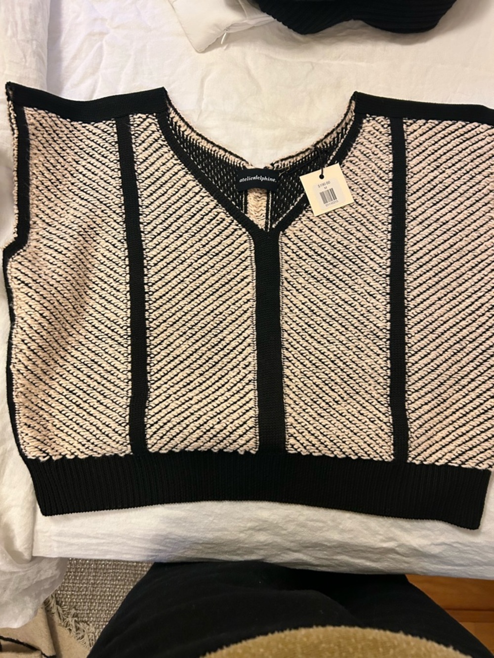 Atelier Daphne 
Cream and Black Knit Sweater Vest